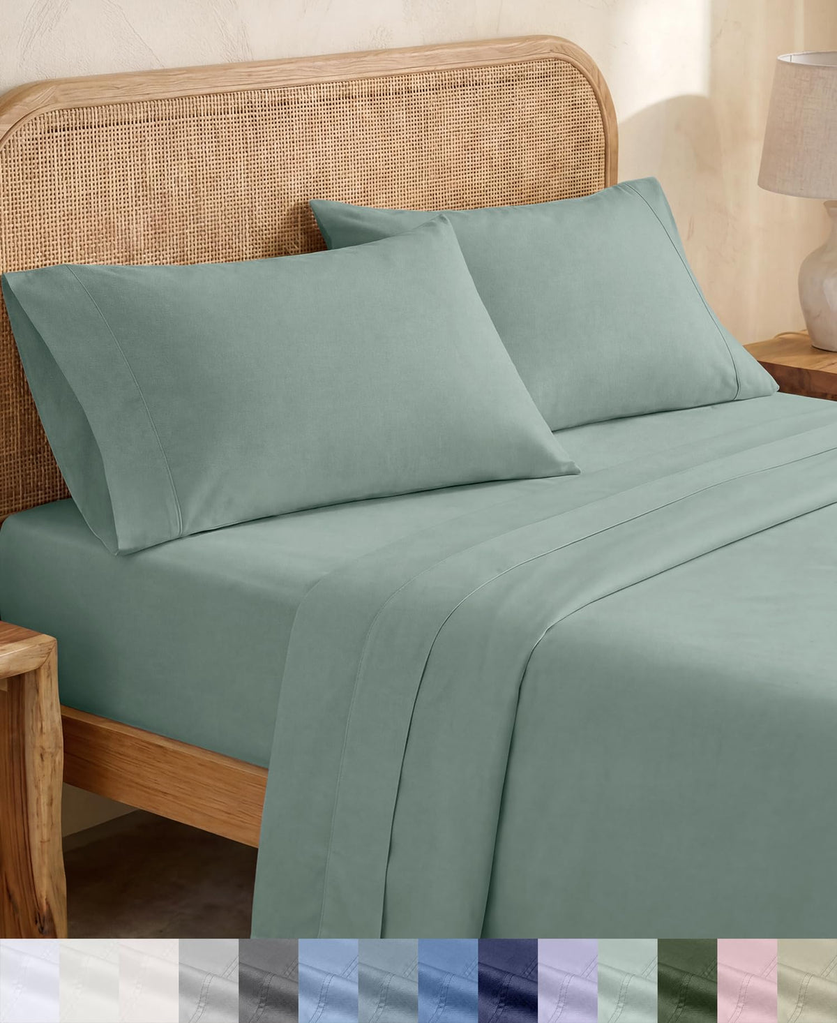 California Design Den folded queen sheet set in sage green, neat presentation benefit