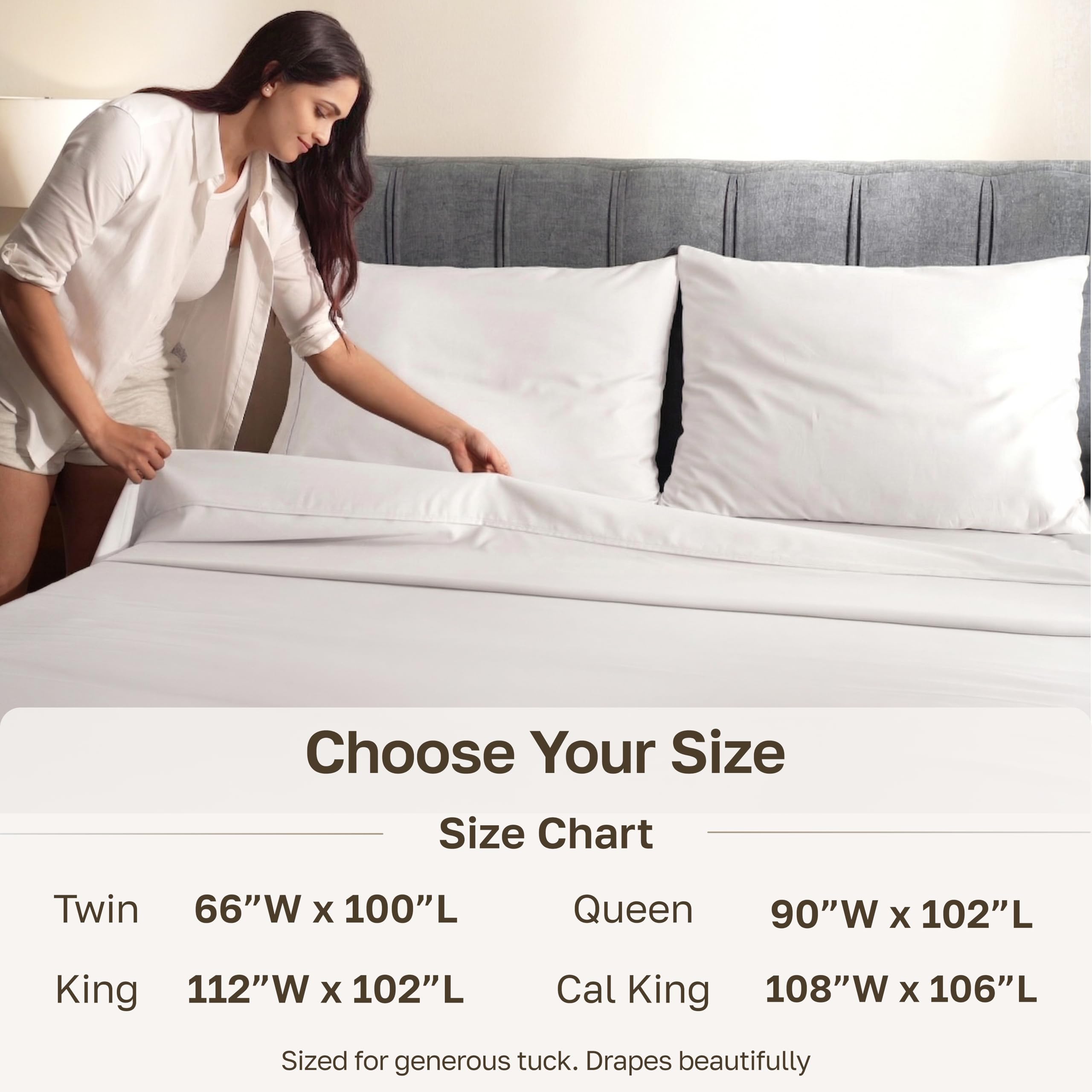 California Design Den flat sheet draped on king bed demonstrating full coverage and tuckability