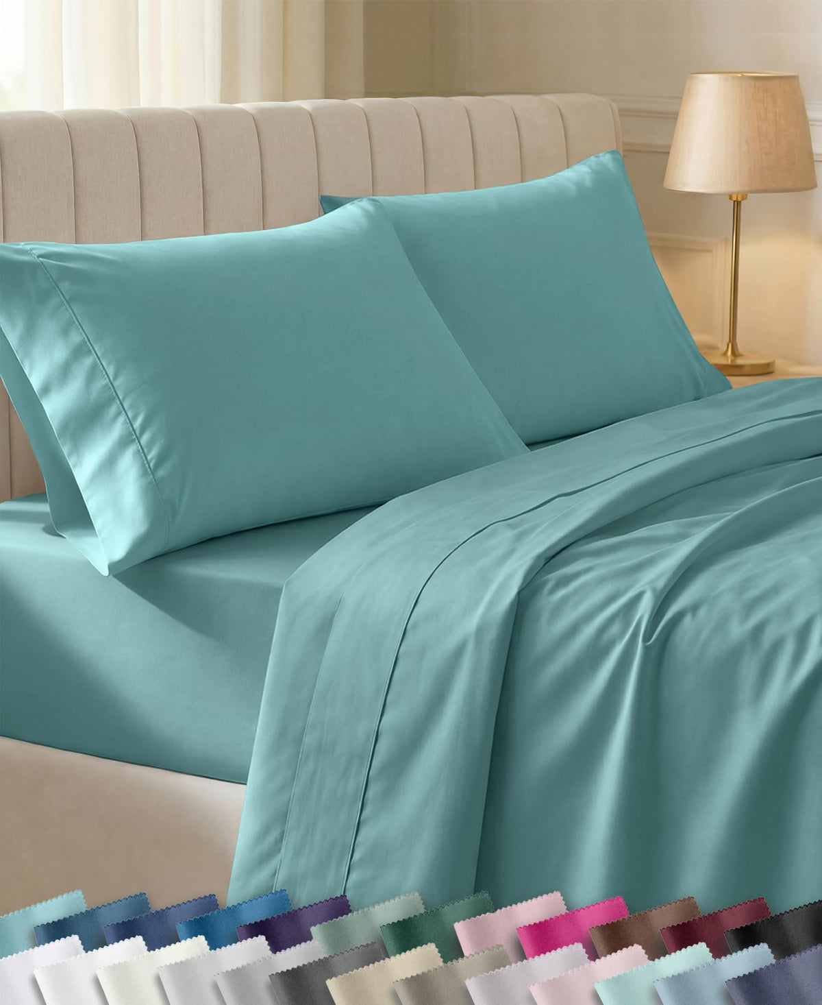 California Design Den front packaging showing teal queen set and award