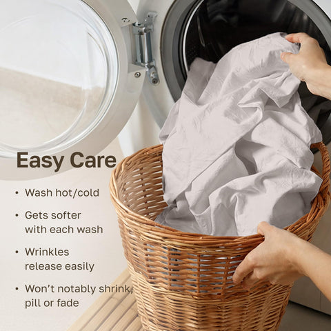 California Design Den hand touching sheet texture displaying crispness and softness