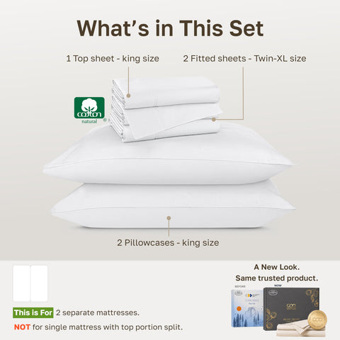 California Design Den king top sheet unfolded next to twin XL fitted for scale benefit