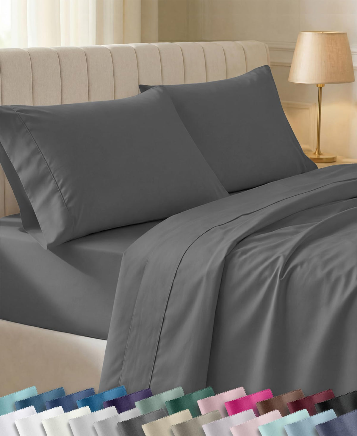 California Design Den packaging front view showing grey Twin XL set and award