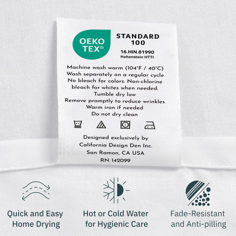 California Design Den OEKO-TEX label and care tag showing safety assurance