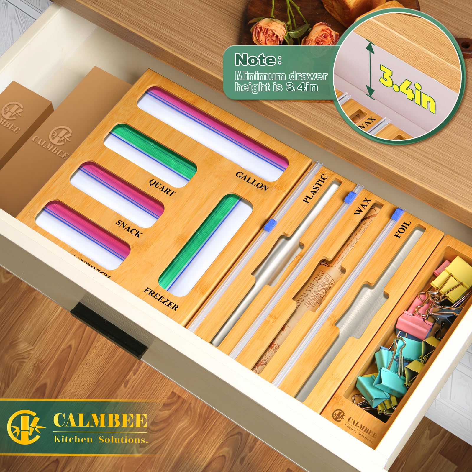 Calmbee storage box with clips and twist ties organized for quick access