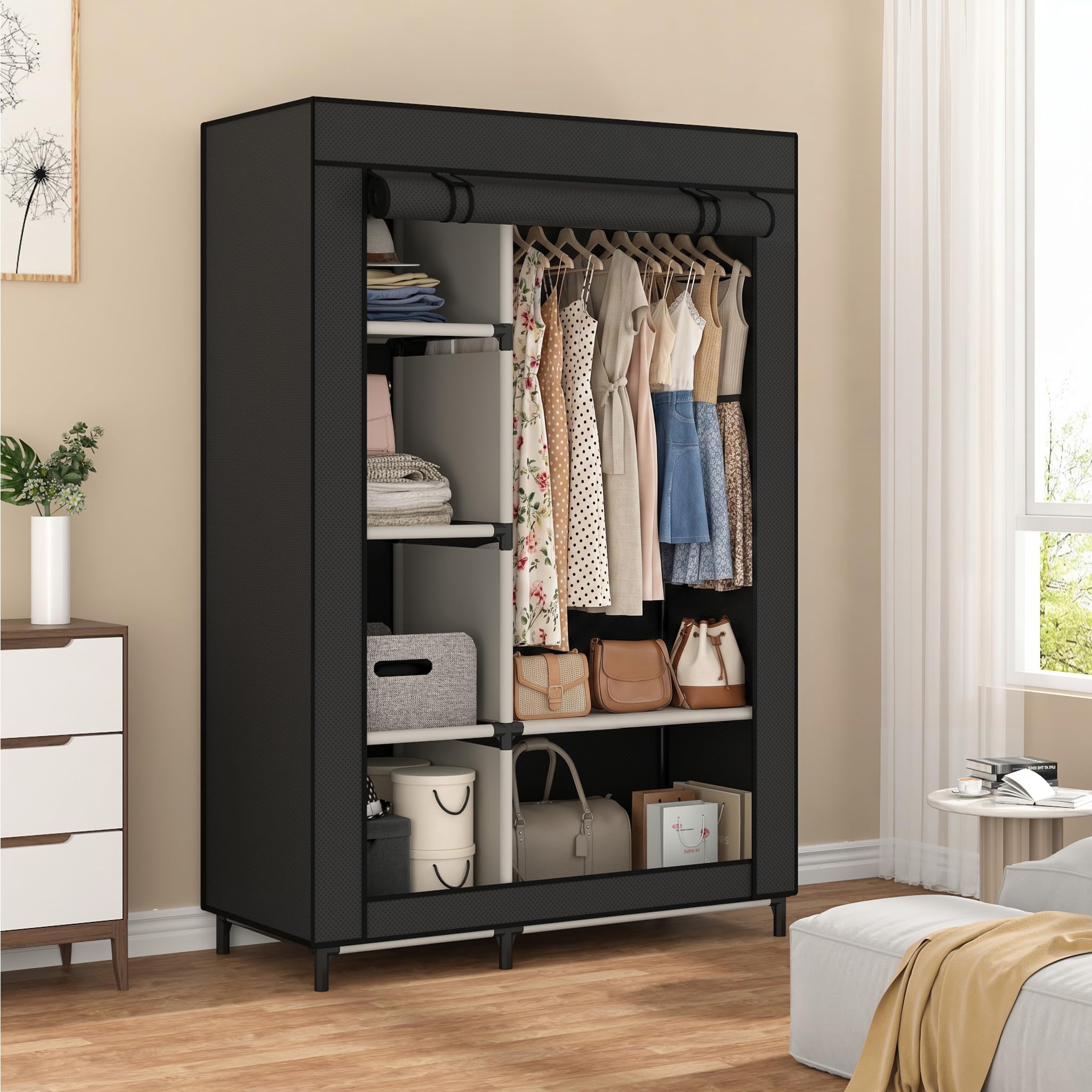 Calmootey front view showing full assembled closet and neat storage benefit