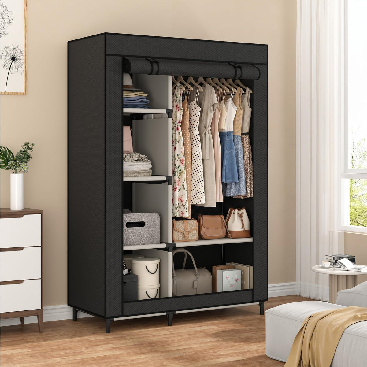 Calmootey front view showing full assembled closet and neat storage benefit