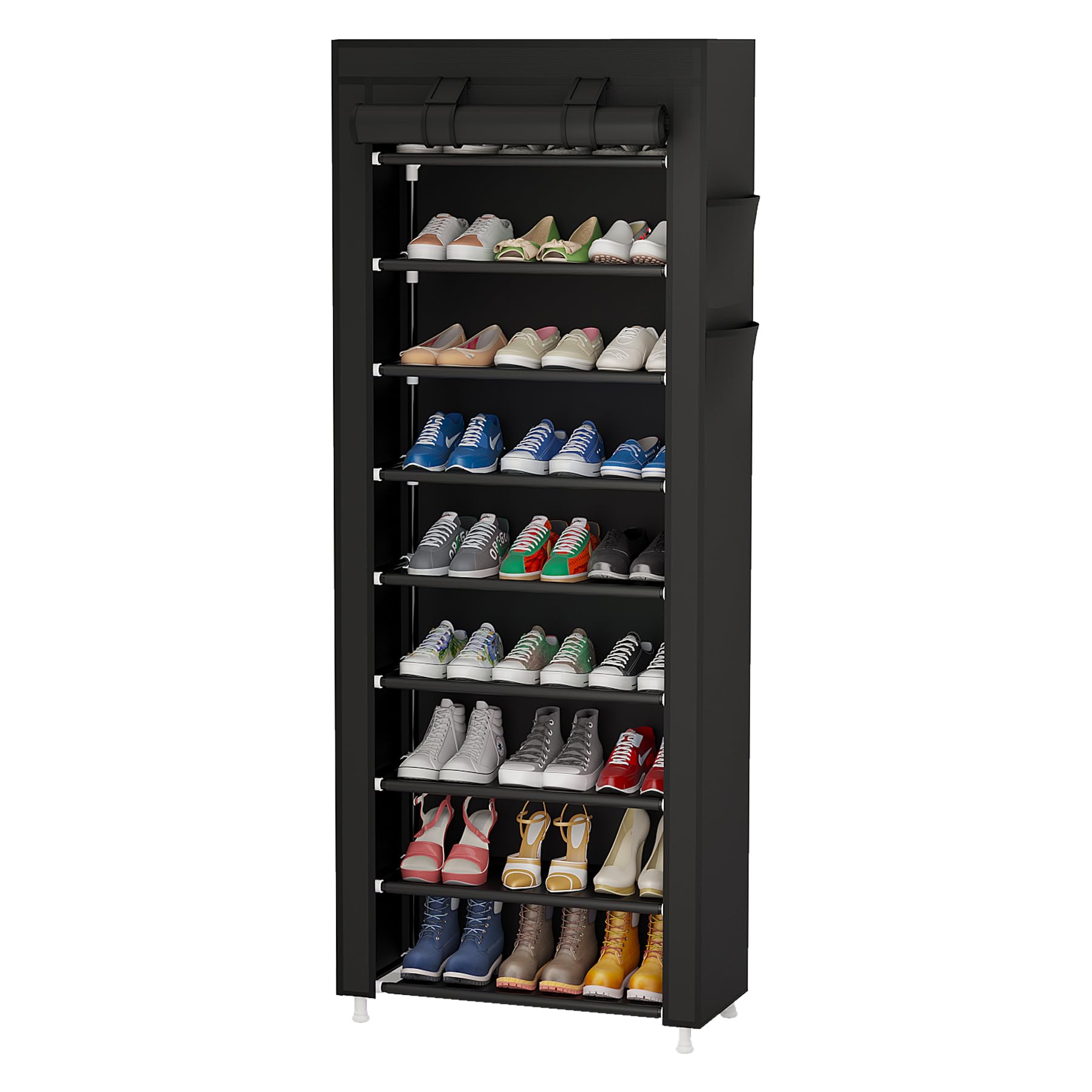 Calmootey front view showing full 9-tier rack and tidy shoe storage benefit
