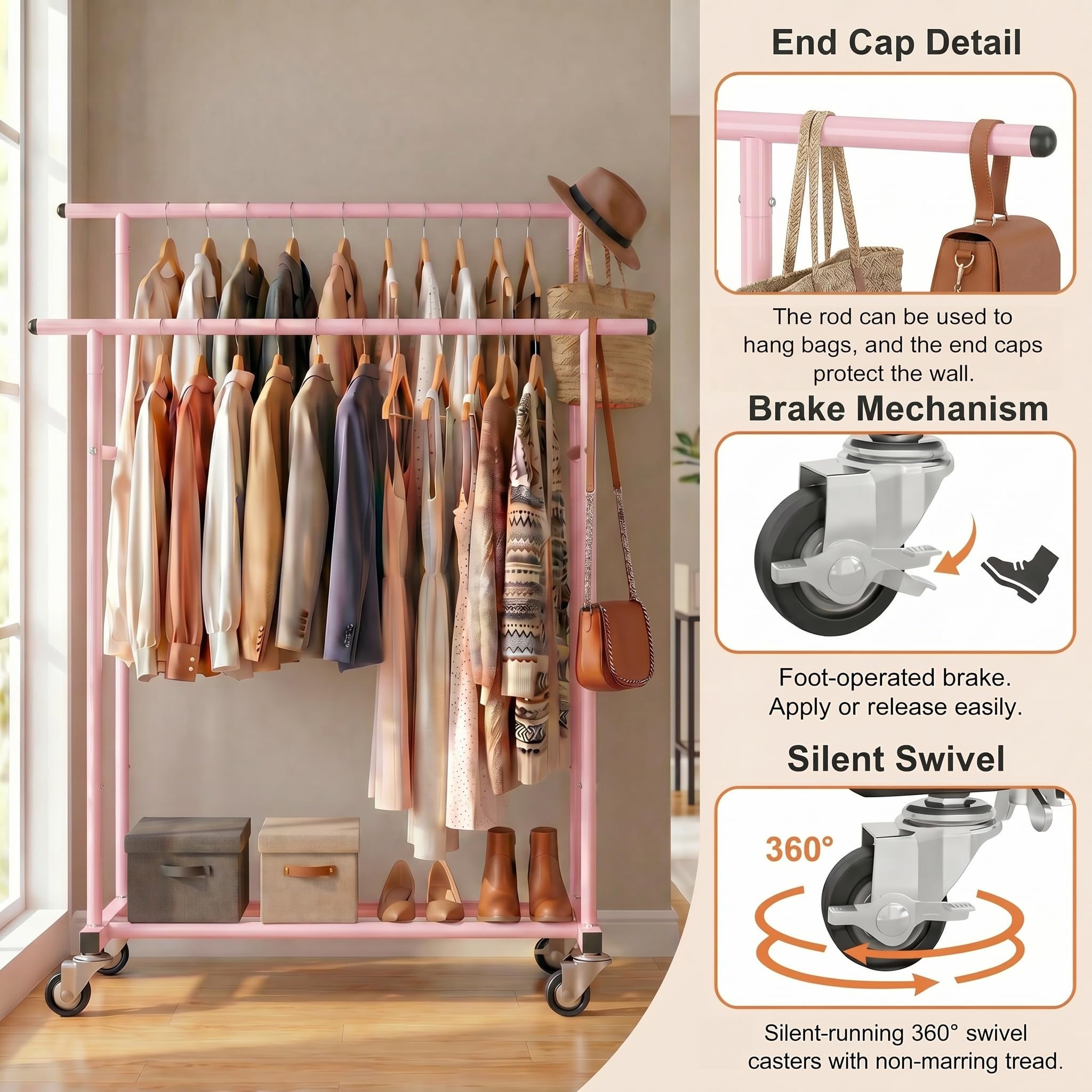 Calmootey lifestyle shot in bedroom showcasing tidy, mobile wardrobe solution