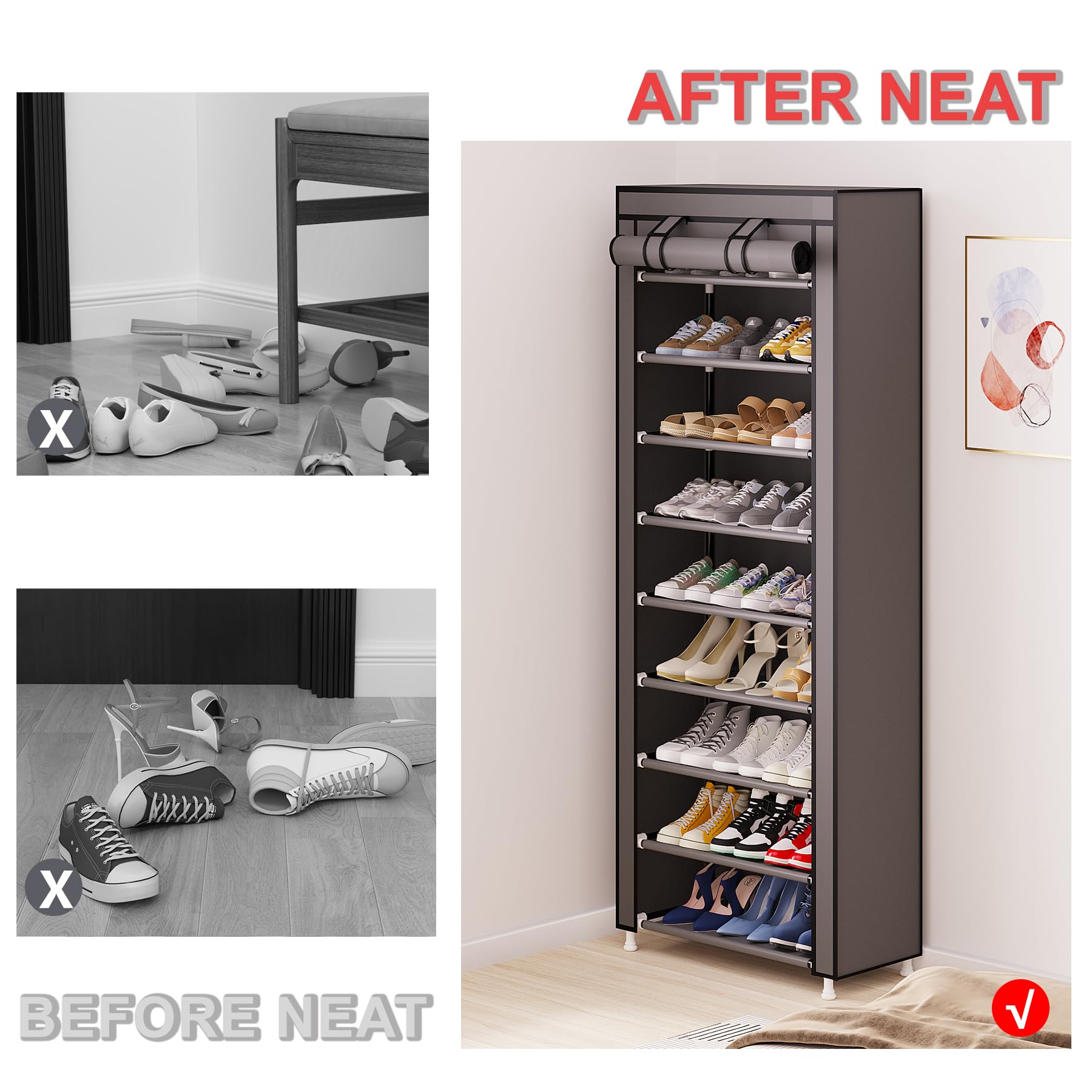Calmootey holding tall boots showing adjustable shelf height benefit