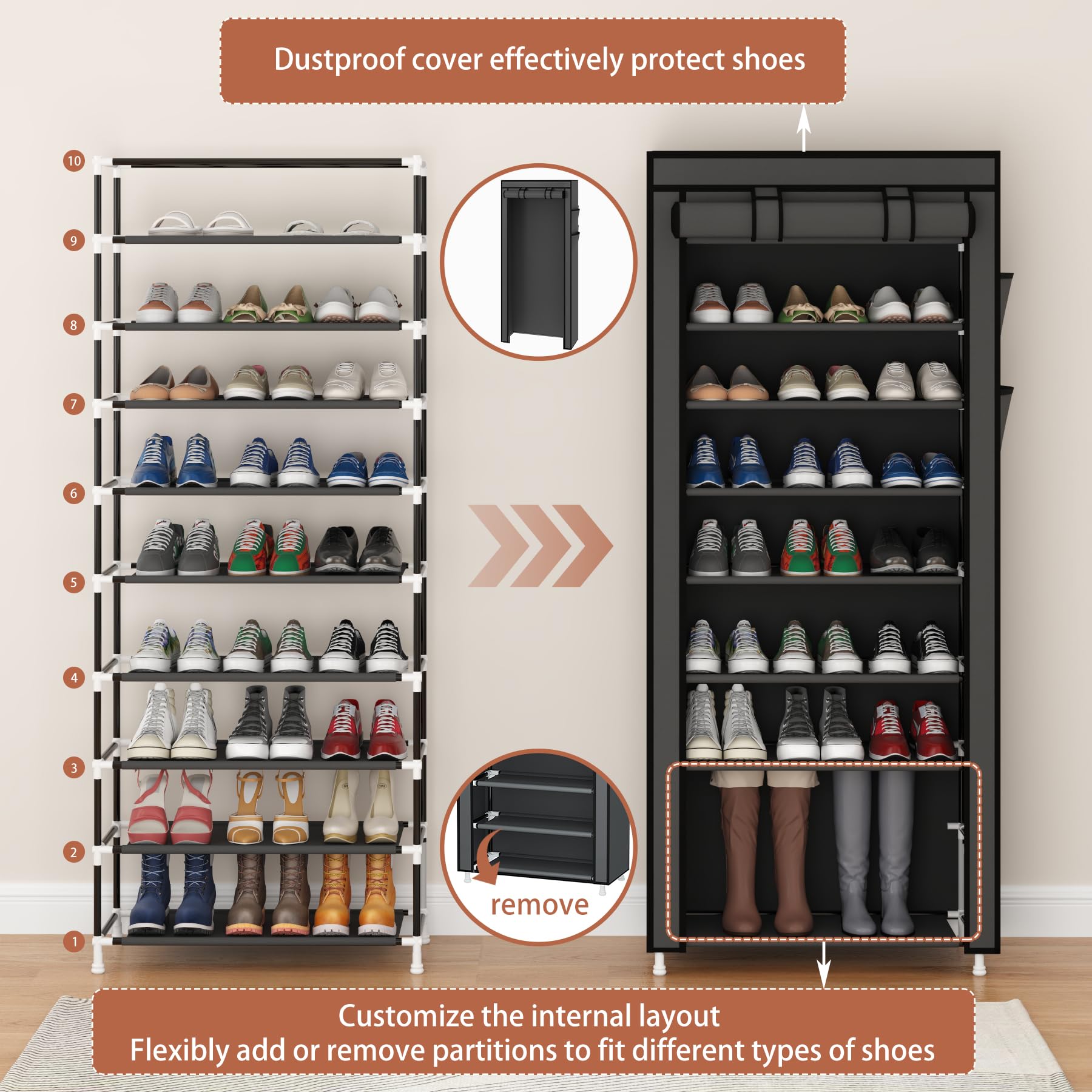 Calmootey storing heels and sneakers displaying versatile organization benefit
