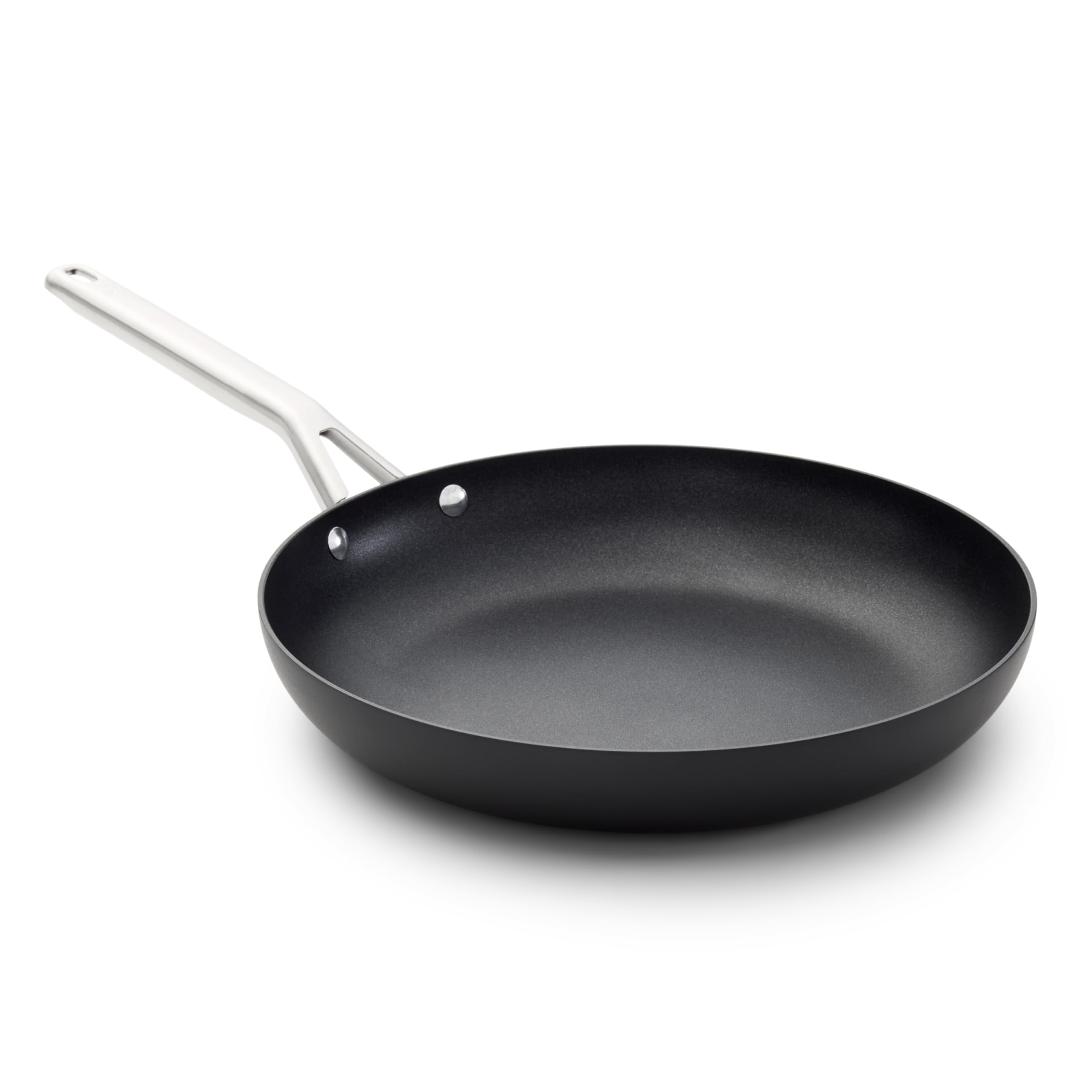 Calphalon 12-inch frying pan front view showing sleek finish and cooking area benefit