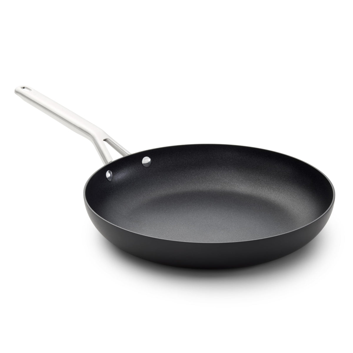 Calphalon 12-inch frying pan front view showing sleek finish and cooking area benefit
