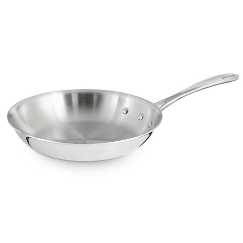 Calphalon 8-inch omelette pan front view showing polished exterior and handle, durable serving