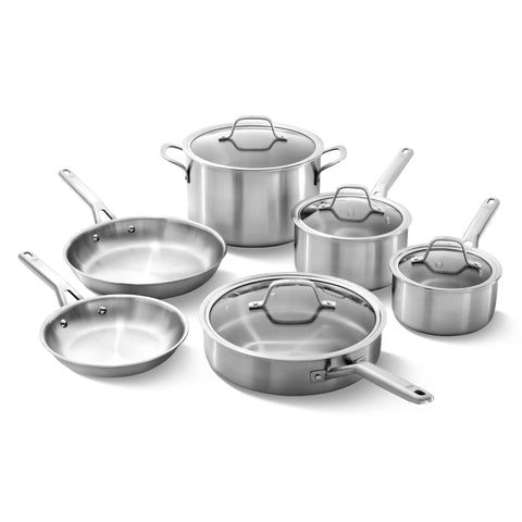 Calphalon front view of 10-piece set showing brushed finish and complete collection benefit