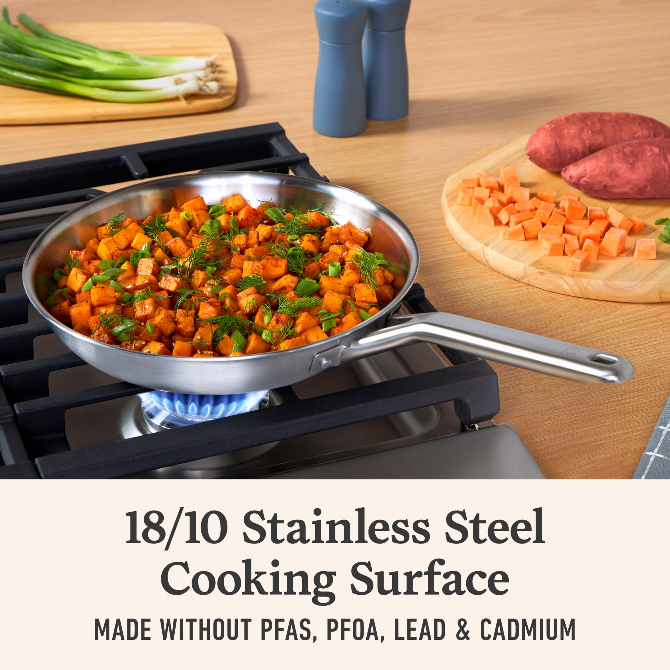 Calphalon lid and handle detail highlighting sturdy rivets and oven-safe reliability