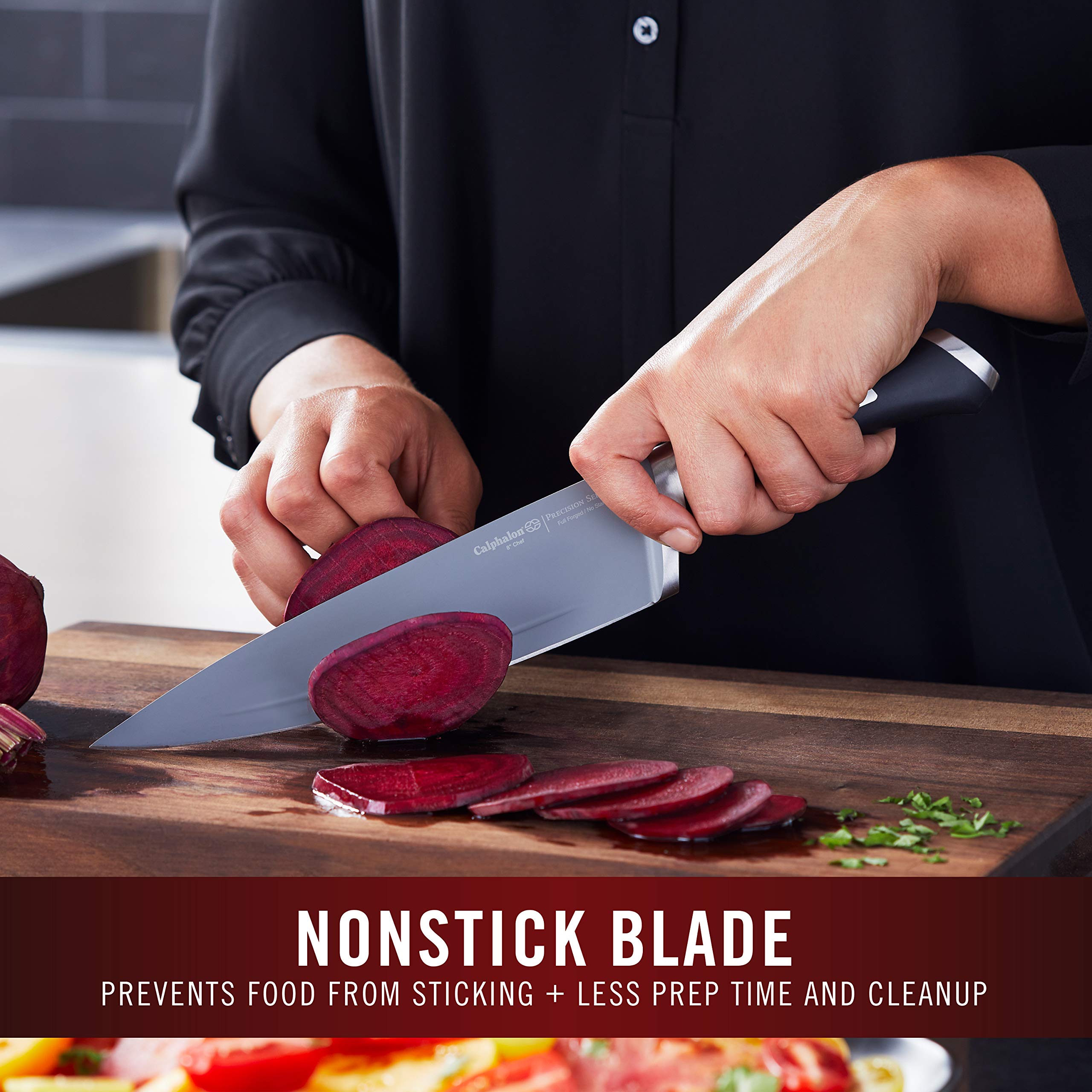 Calphalon closeup of nonstick blade ridge showing reduced food sticking