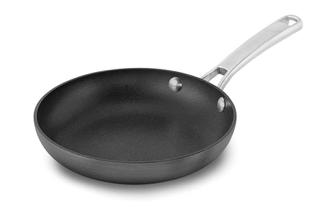 Calphalon pan front view showing clean exterior and compact design benefit