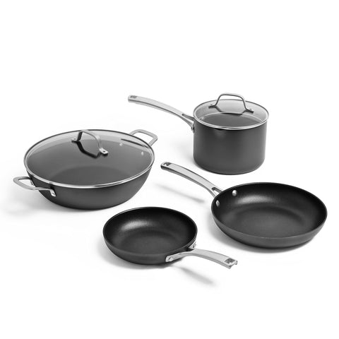 Calphalon front view of cookware set showing pieces and balanced design benefit