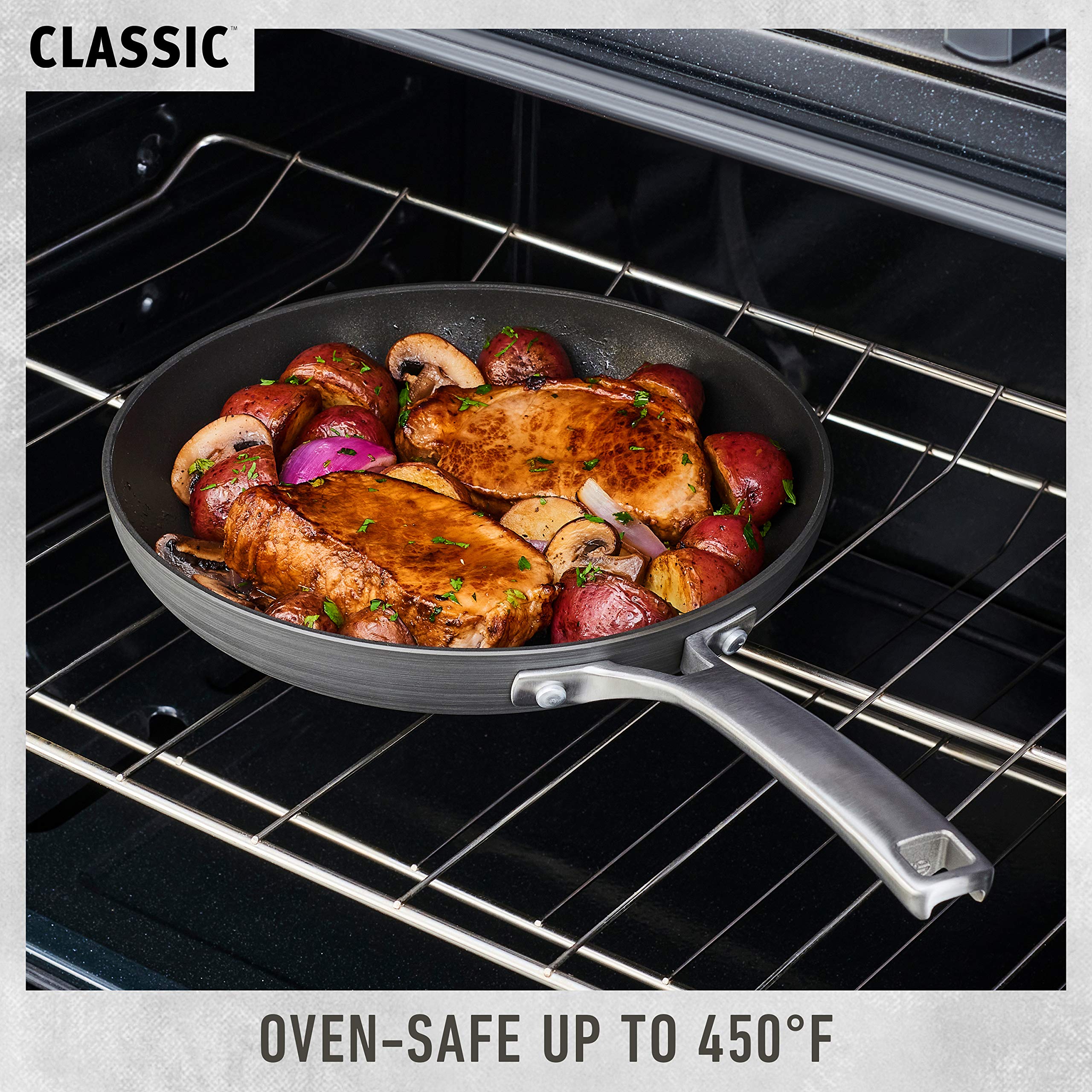Calphalon pan in oven finishing a dish highlighting oven-safe versatility