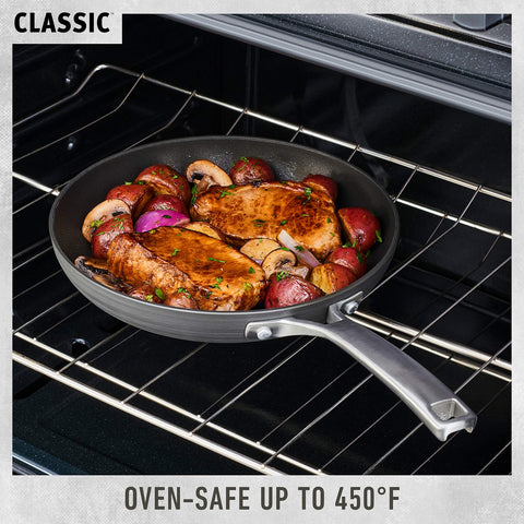 Calphalon pan in oven finishing a dish highlighting oven-safe versatility