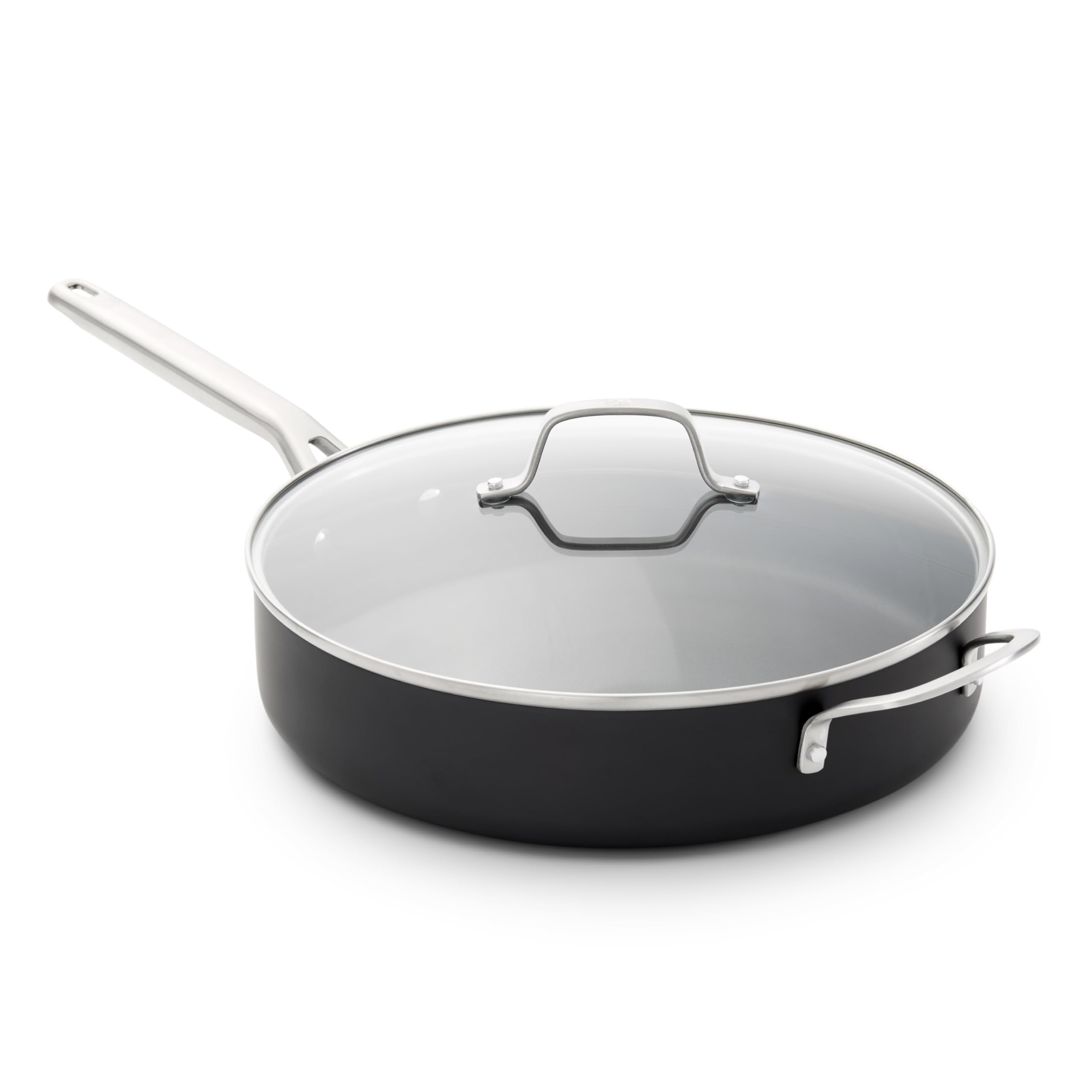 Calphalon front view of 5-Qt sauté pan showing lid and shape for versatile cooking