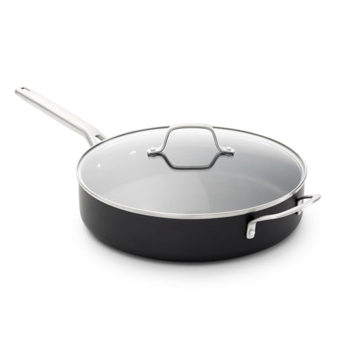 Calphalon front view of 5-Qt sauté pan showing lid and shape for versatile cooking