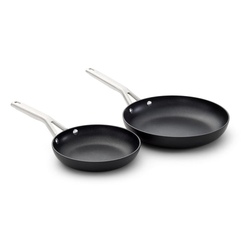 Calphalon front view of 8 and 10 inch pans showing durable finish and benefits