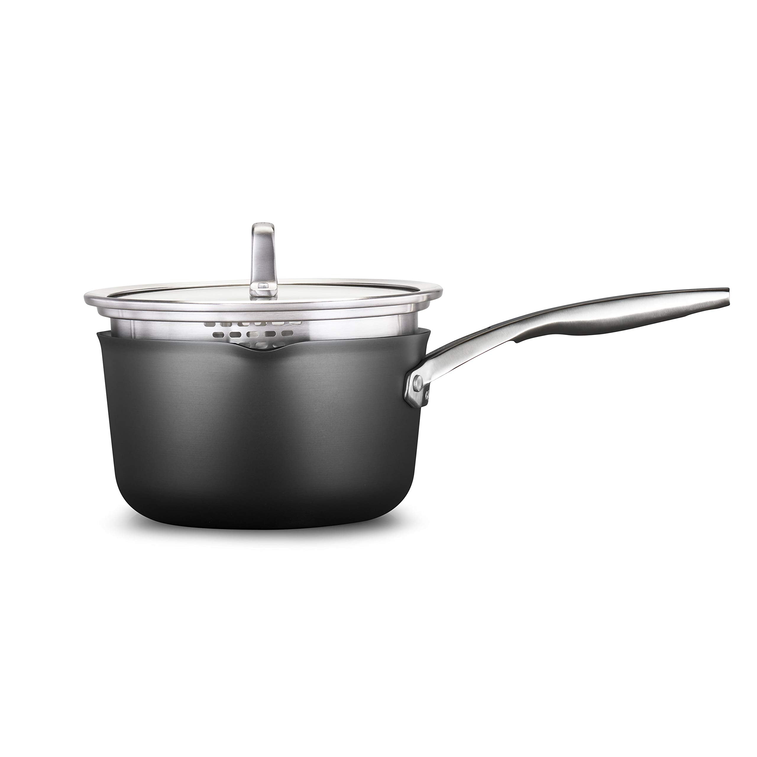Calphalon front view of saucepan showing pour-and-strain lid and benefits