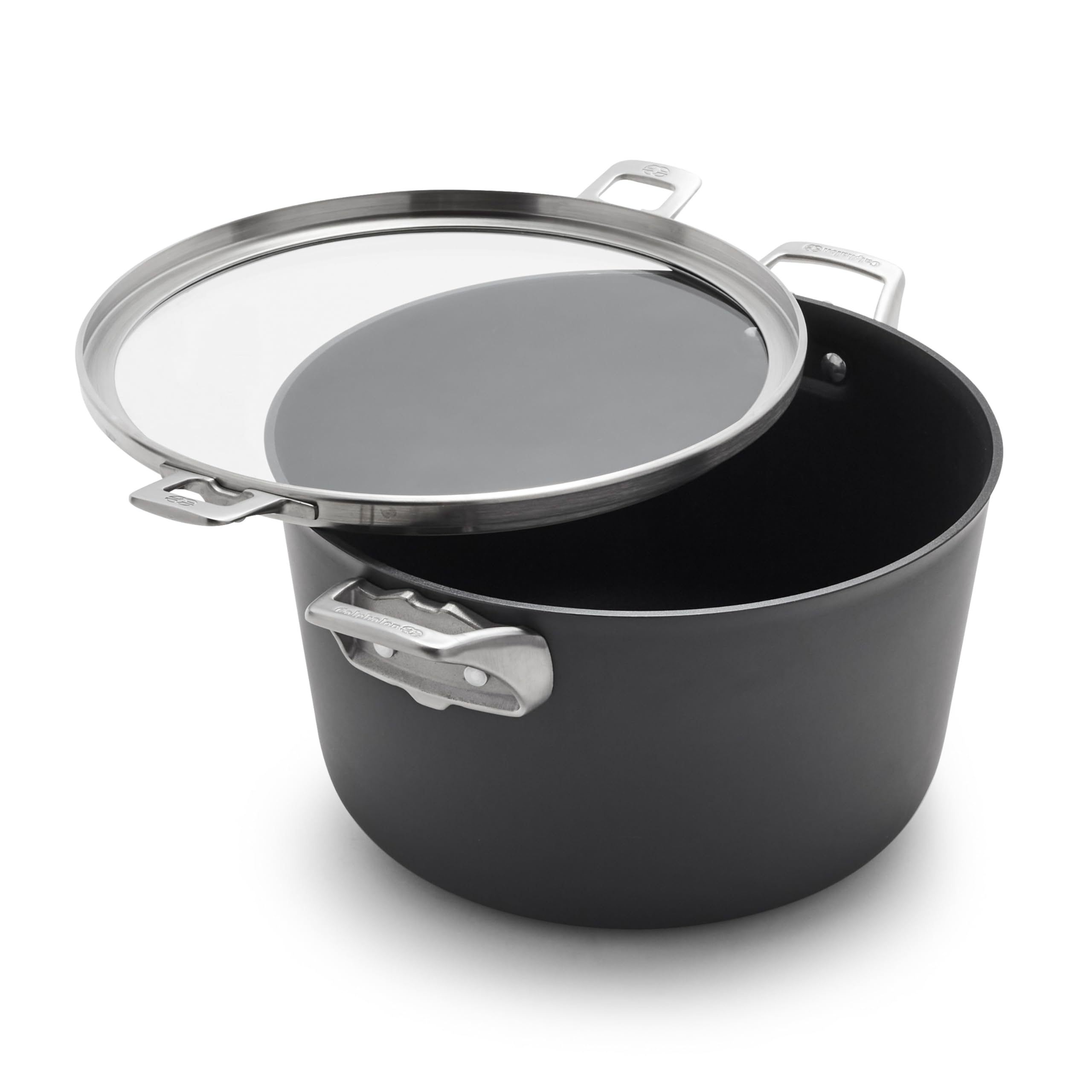 Calphalon front view of 12‑quart stock pot with lid showing capacity benefit