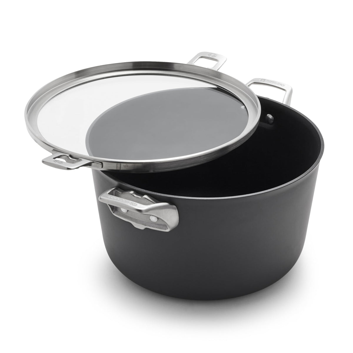 Calphalon front view of 12‑quart stock pot with lid showing capacity benefit