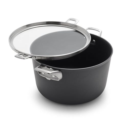 Calphalon front view of 12‑quart stock pot with lid showing capacity benefit