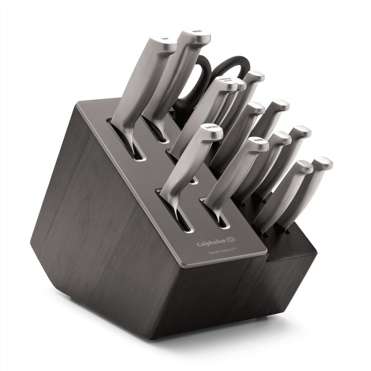 Calphalon wood block with knives showing organized storage and quick access benefit