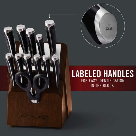 Calphalon full 13-piece set laid out to display included knives and block