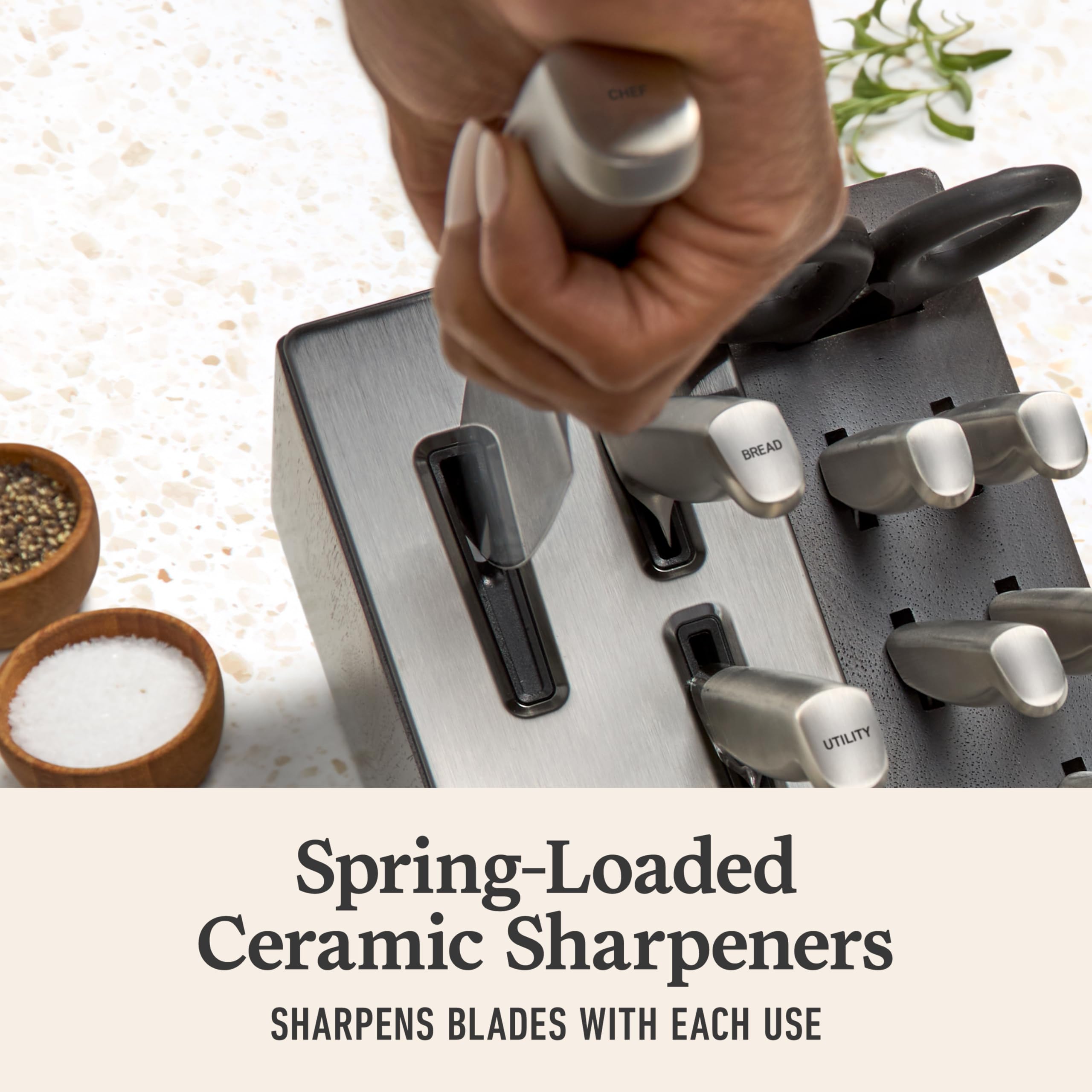 Calphalon stainless-steel handle detail demonstrating ergonomic grip and comfort