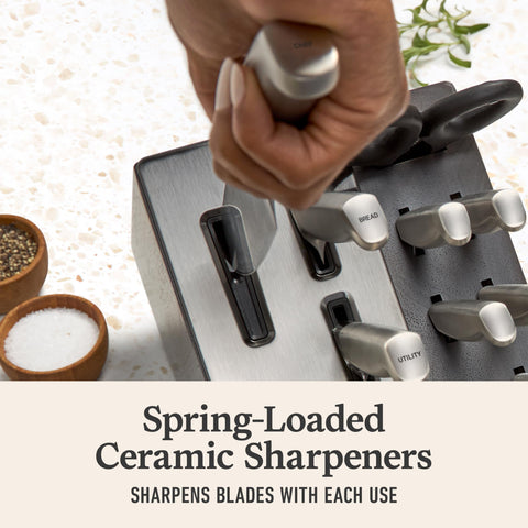 Calphalon stainless-steel handle detail demonstrating ergonomic grip and comfort