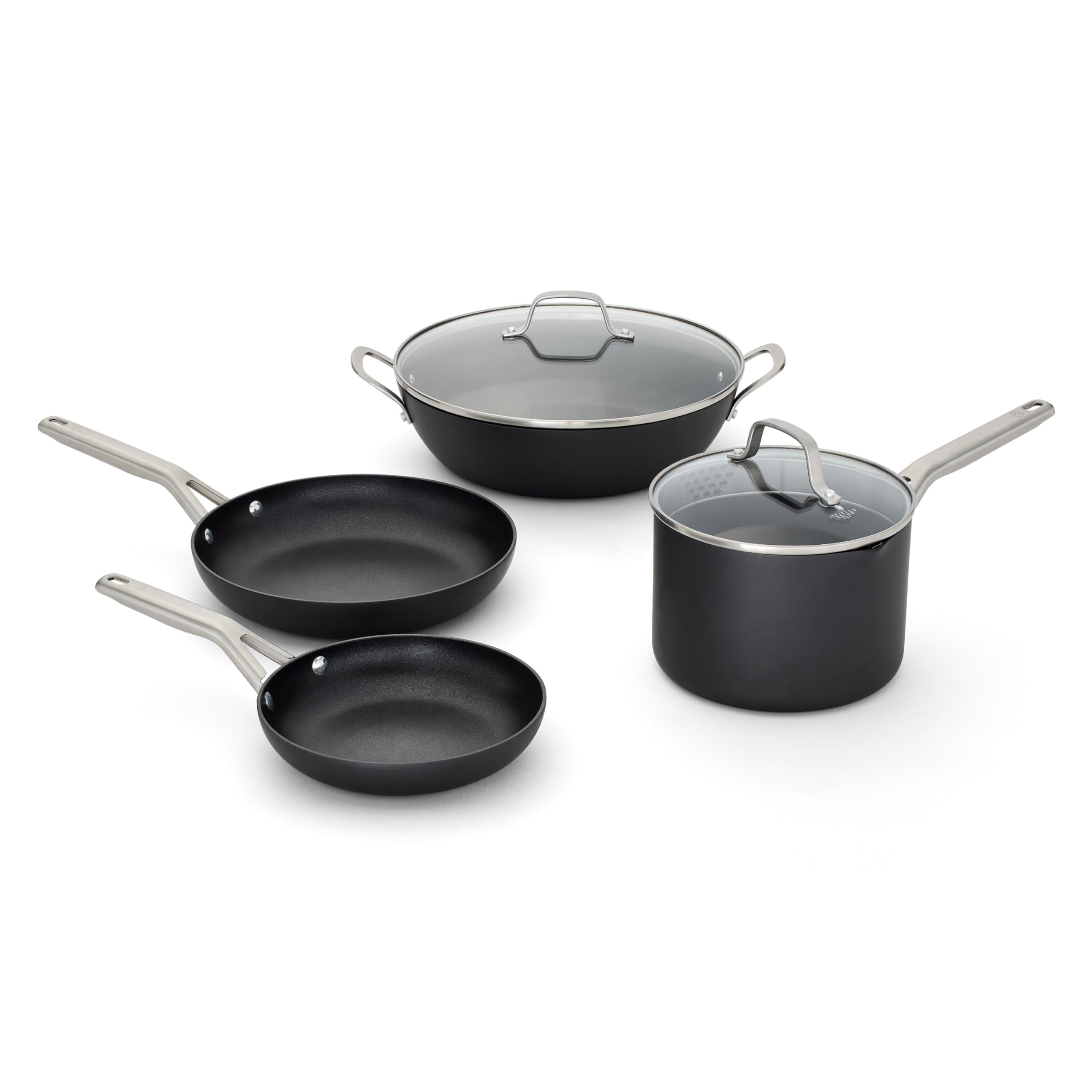 Calphalon front view showing full 6-piece set and durable finish benefit
