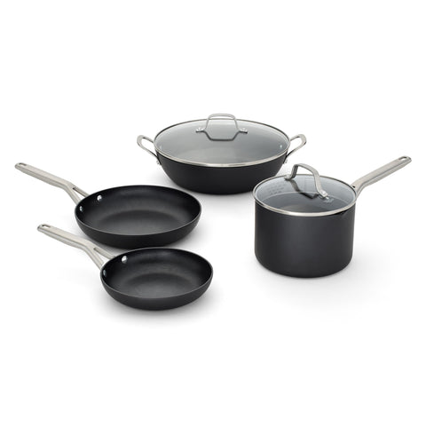Calphalon front view showing full 6-piece set and durable finish benefit
