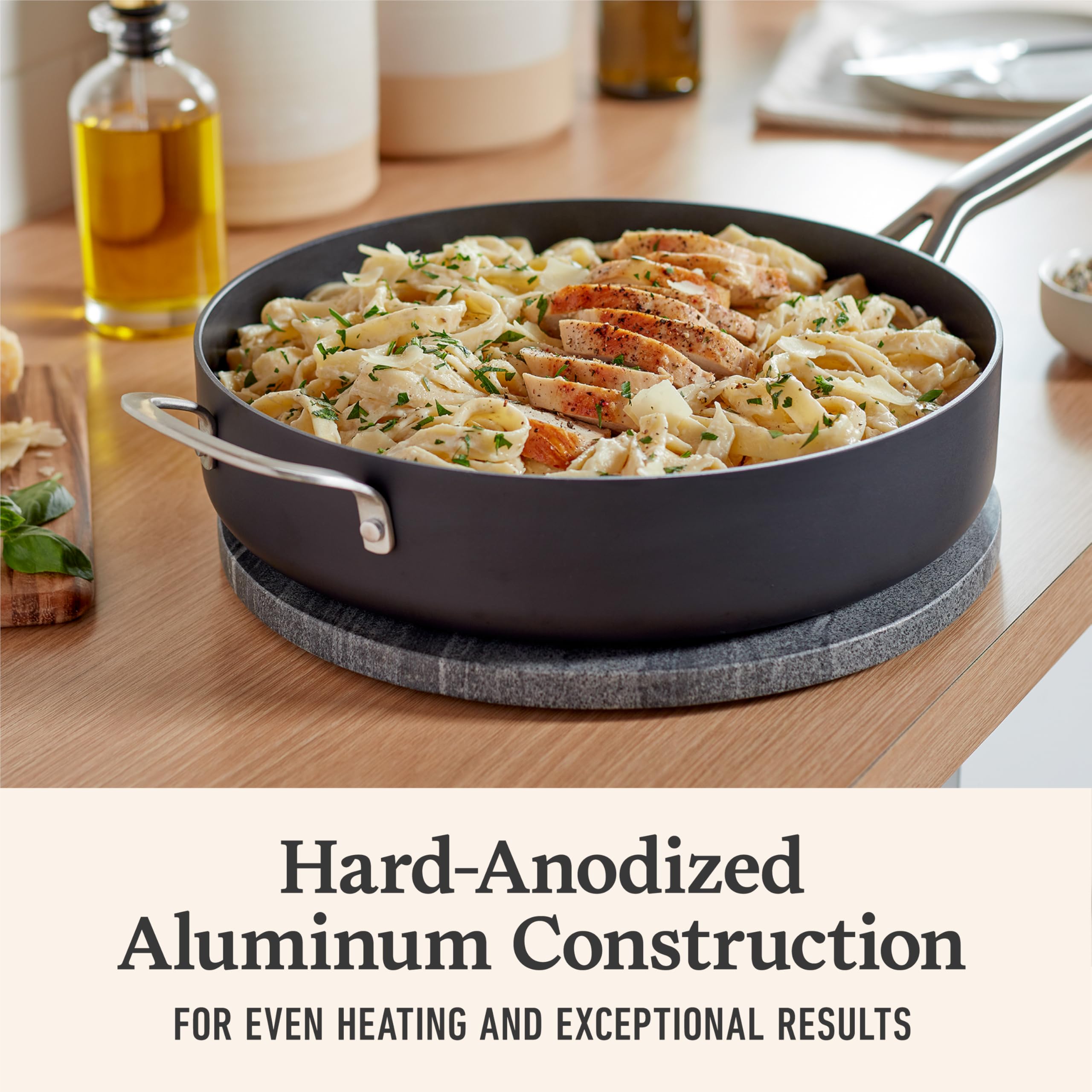 Calphalon sauté pan in oven demonstrating oven-safe use up to 450°F