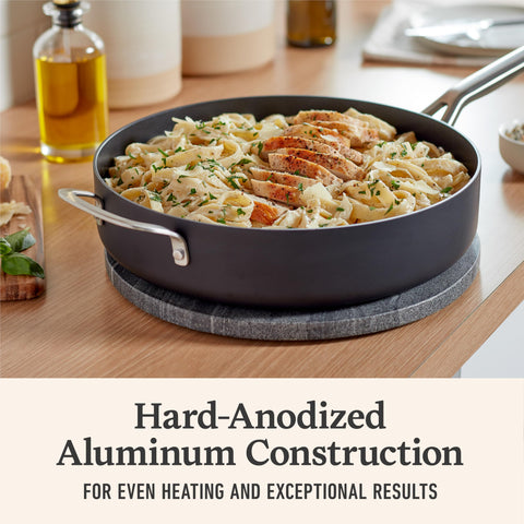 Calphalon sauté pan in oven demonstrating oven-safe use up to 450°F