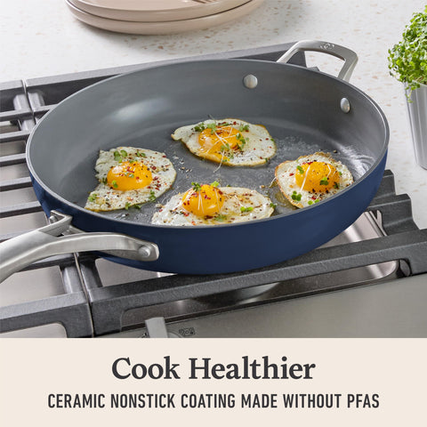 Calphalon frying an omelette on stovetop demonstrating quick clean and even cooking