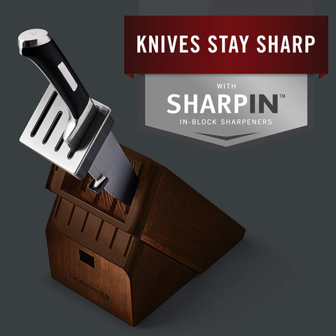 Calphalon labeled handle close-up for quick knife identification and safety