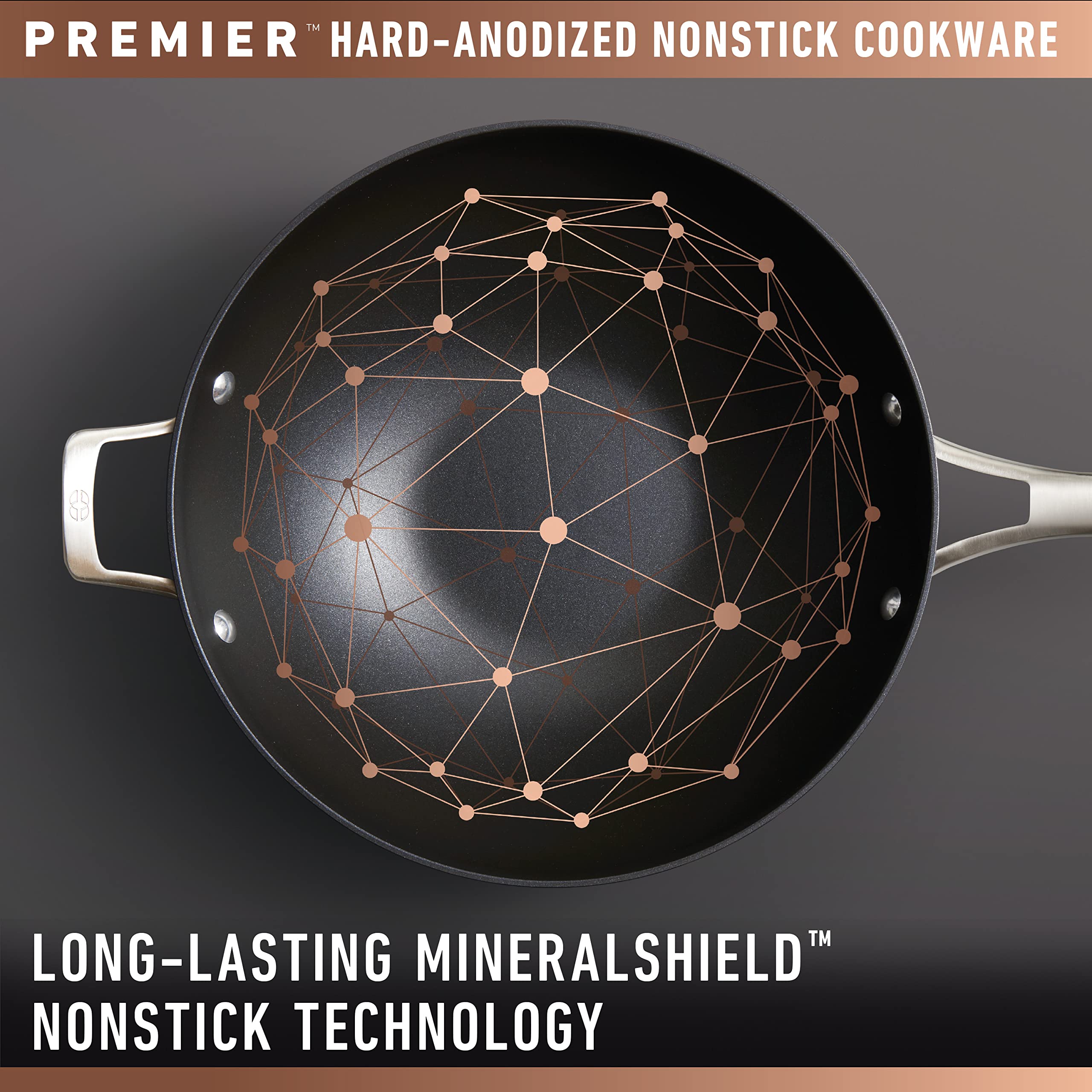 Calphalon Premier tempered glass lid closeup, lets you monitor cooking without losing heat