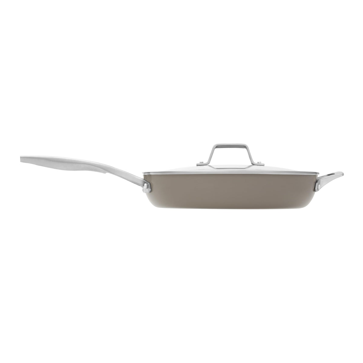 Calphalon Premier 12in front view showing mushroom grey finish and lid, stylish addition