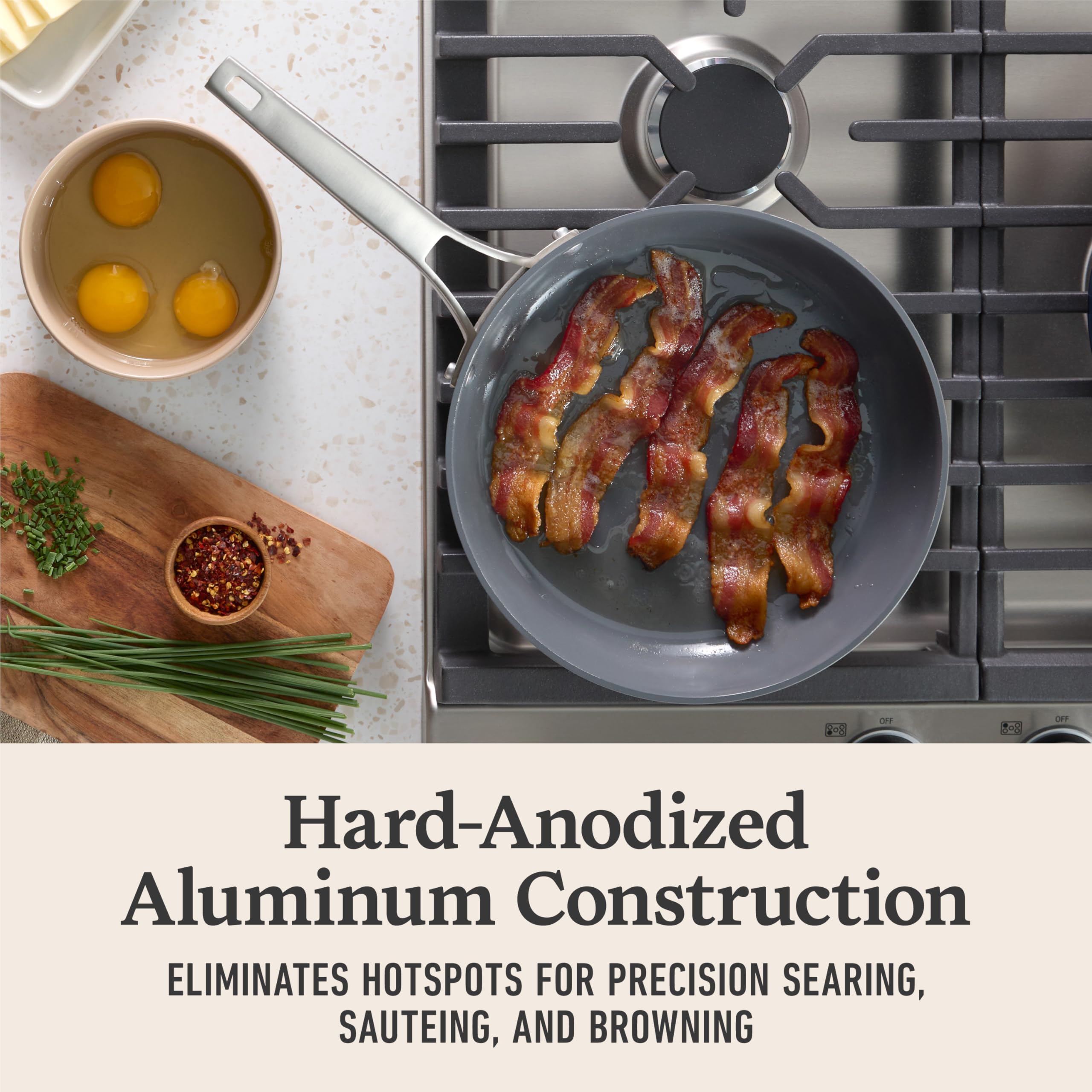 Calphalon Premier long stainless steel handle detail offering cool grip and safe handling