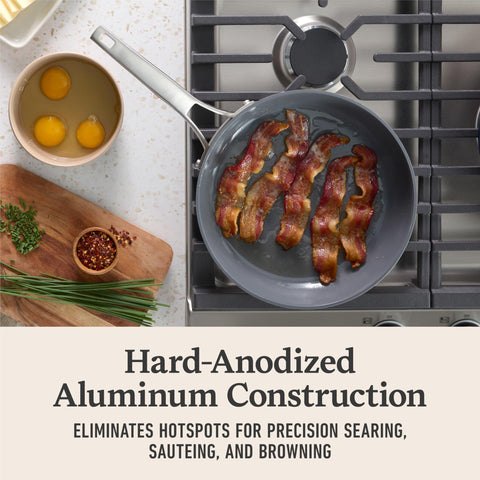 Calphalon Premier long stainless steel handle detail offering cool grip and safe handling