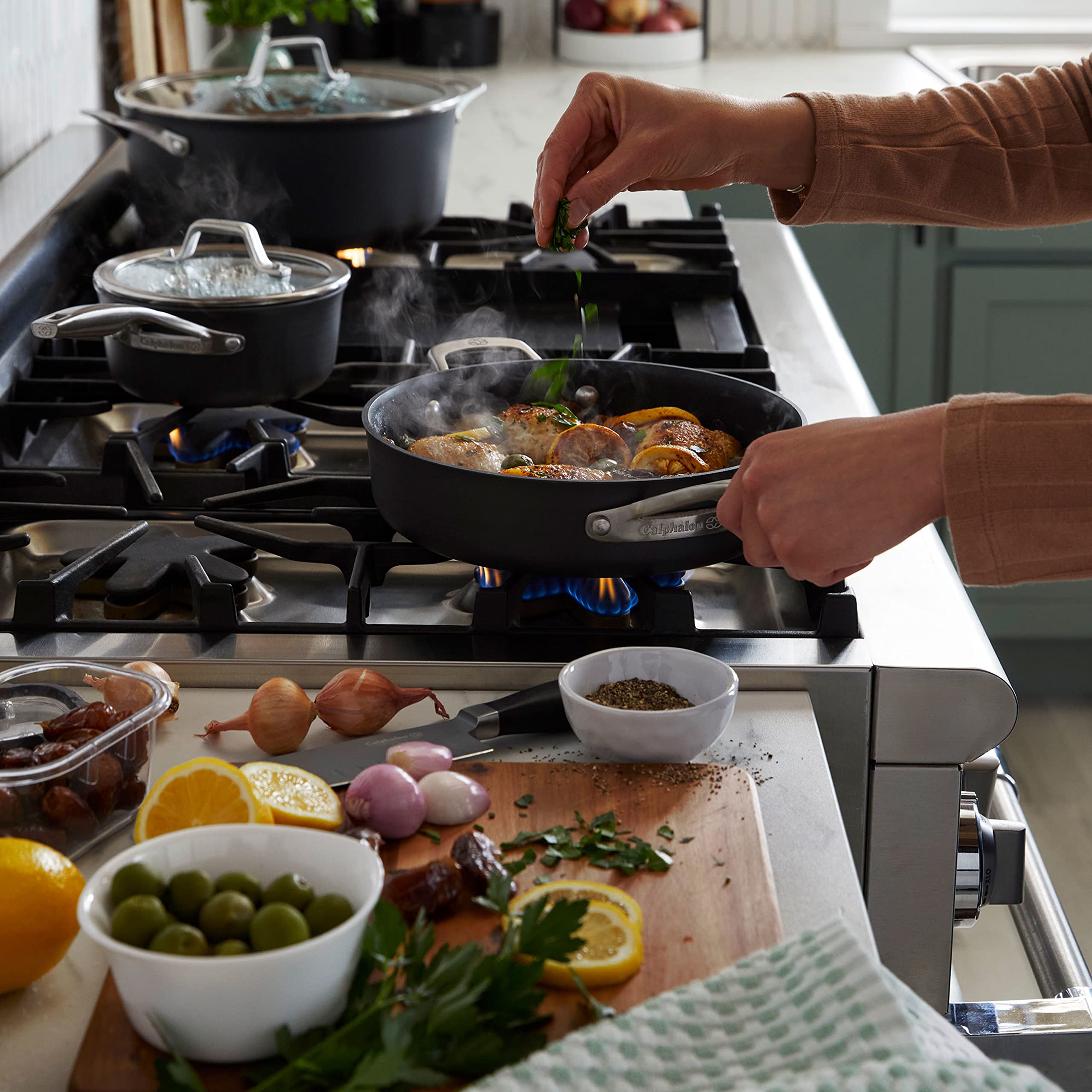 Calphalon Premier in dishwasher showing easy cleanup and dishwasher-safe convenience