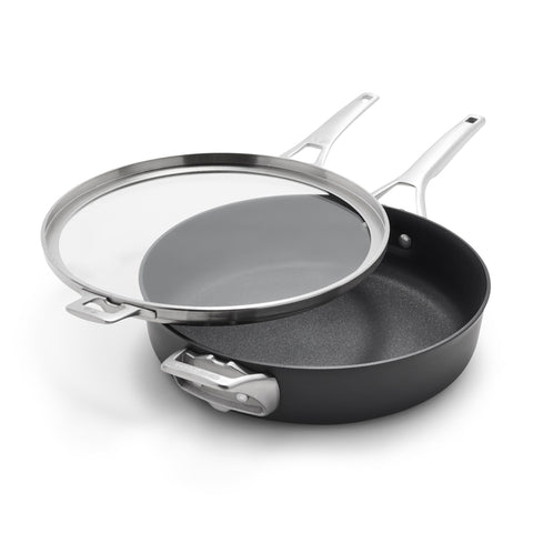 Calphalon front view showing compact 8-piece set and space-saving benefit