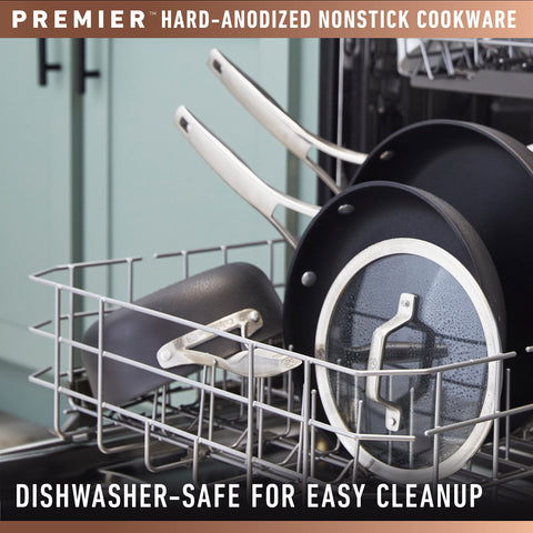 Calphalon Premier long handle detail demonstrating stay-cool comfort and secure grip while cooking