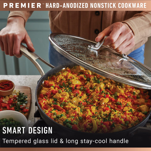 Calphalon Premier in oven demonstrating stovetop-to-oven versatility and even roasting benefit
