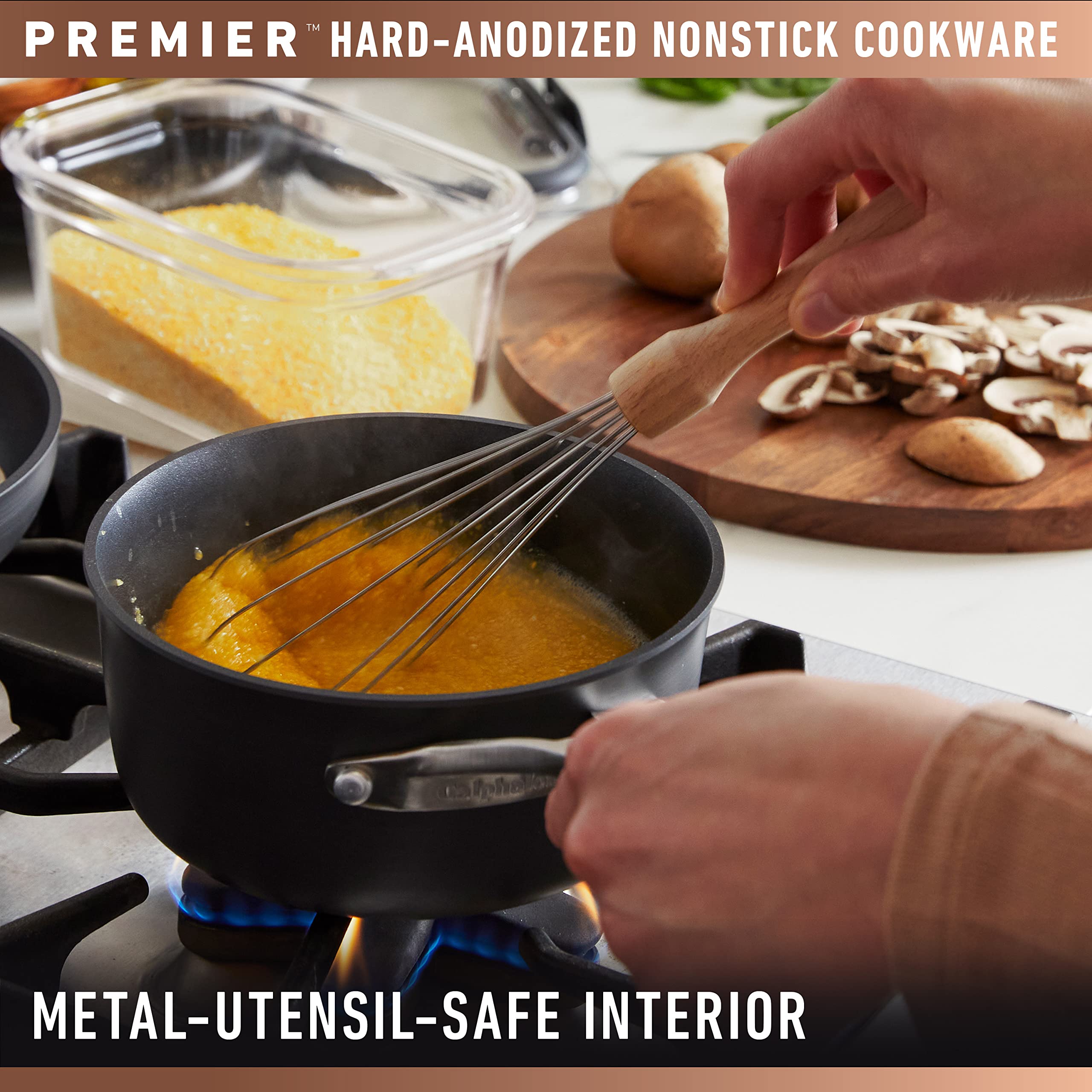 Calphalon Premier interior close-up showing MineralShield texture for long-lasting nonstick performance
